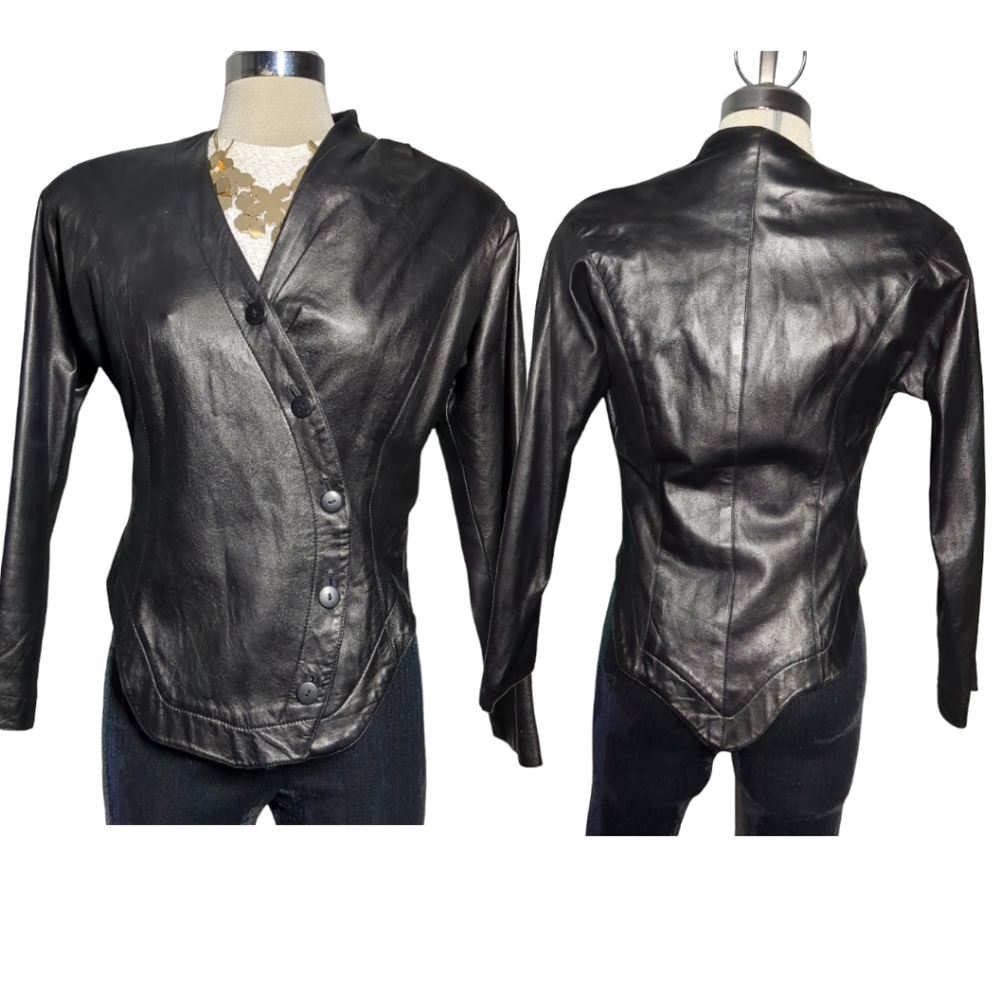 . ZAPATA Designer Black  Leather Jacket Detailed Trimmed Around Size SP.